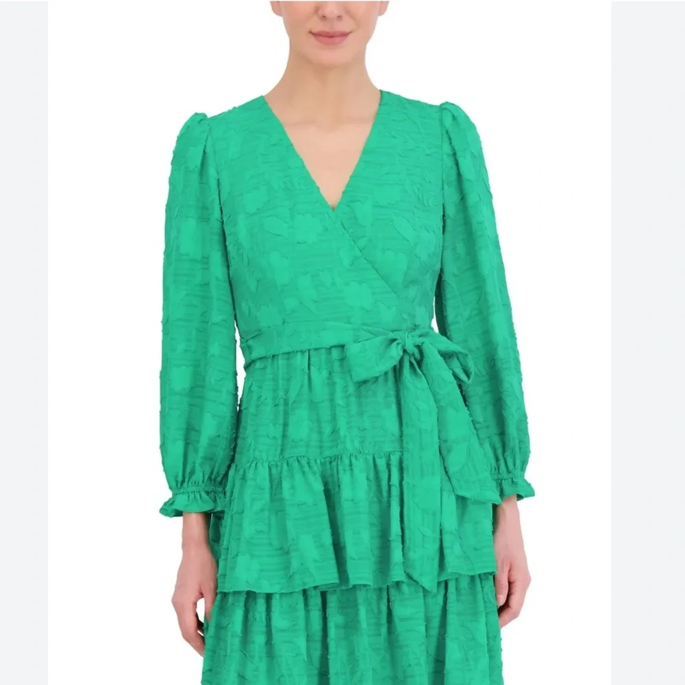 WOMEN’S NWT ELIZA-J GREEN FLORAL TEXTURE BALLOON SLEEVE A-LINE‎ DRESS TIERED HEM